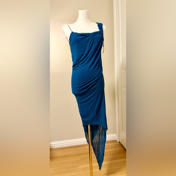 Helmut Lang Blue Asymmetrical Ruched Slip Dress - Picture 1 of 3